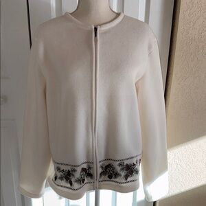 White Zip-Up Jacket with Floral Embroidery